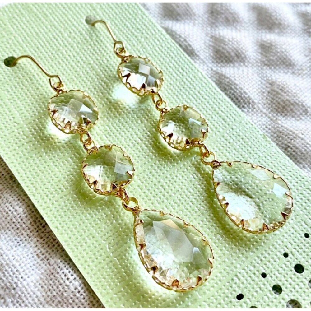 New Clear Faceted Crystals & Gold Tone Sparkle Statement Earrings - 2.75"